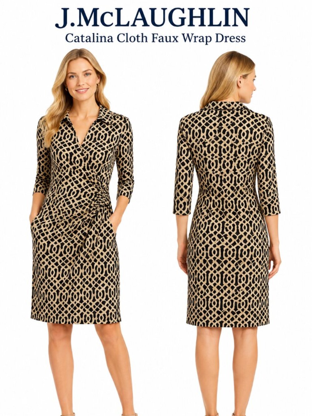 J.McLaughlin Catalina Cloth Faux Wrap Dress Women XS Black Tan Geometric